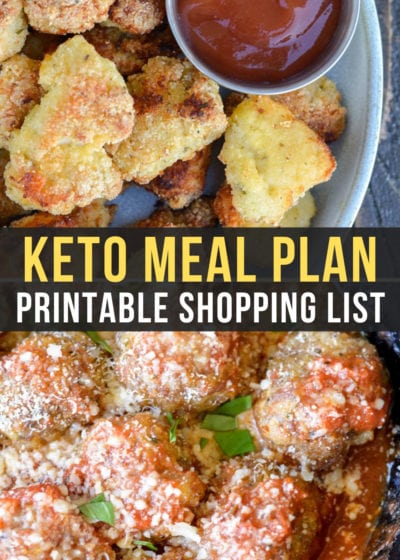 This Easy Keto Meal Plan has a printable shopping list to make your life easier! Stick with the keto lifestyle with these five easy, family-friendly low-carb dinners PLUS 2 keto friendly recipes to get you through those cravings.