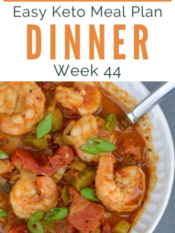 Week 44 of this easy keto meal plan includes 5 flavorful keto dinners and 1 low carb dessert. Net carb counts, serving amounts, keto meal prep tips, side suggestions, AND a keto shopping list are included!
