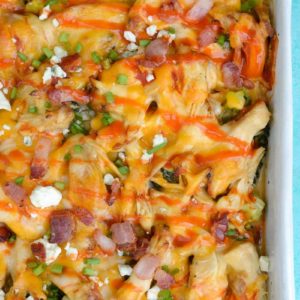 Buffalo Chicken Casserole is packed with spicy buffalo chicken, broccoli, cheddar cheese and bacon! This low carb casserole has under 6 net carbs per serving! 