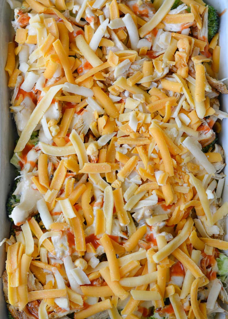 Buffalo Chicken Casserole is packed with spicy buffalo chicken, broccoli, cheddar cheese and bacon! This low carb casserole has under 6 net carbs per serving! 