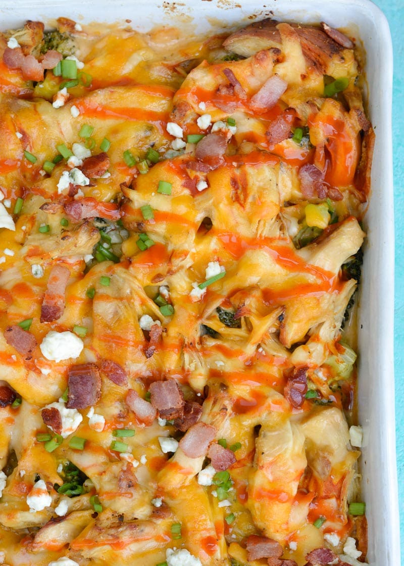 Buffalo Chicken Casserole is packed with spicy buffalo chicken, broccoli, cheddar cheese and bacon! This low carb casserole has under 6 net carbs per serving! 