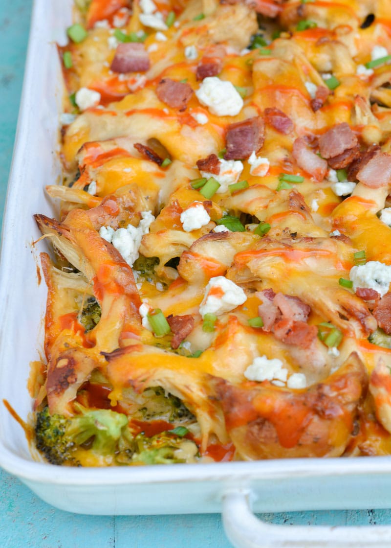 Buffalo Chicken Casserole is packed with spicy buffalo chicken, broccoli, cheddar cheese and bacon! This low carb casserole has under 6 net carbs per serving! 