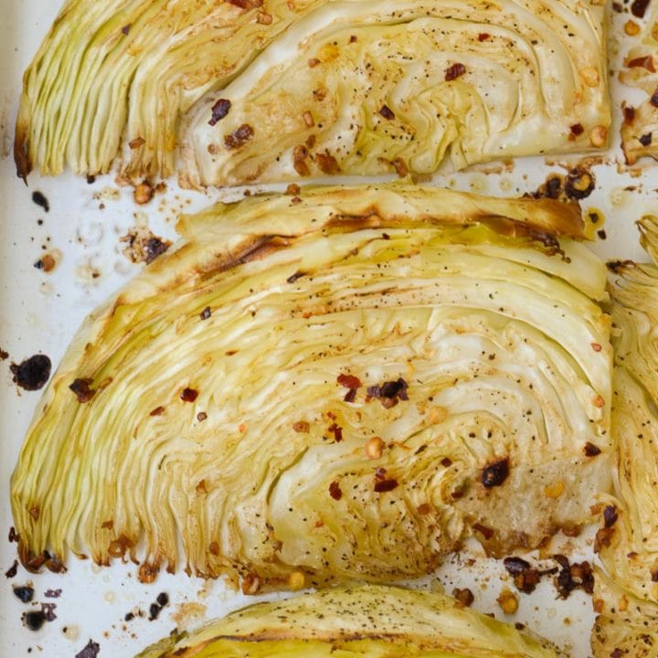 This Roasted Cabbage is the perfect healthy side dish! Ready in 30 minutes, requires very little effort and cleanup, and has under 4 net carbs per serving!