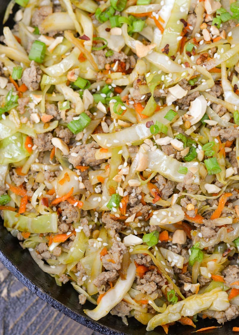 Egg Roll in a Bowl is an easy, healthy dinner that is ready in under 20 minutes! This easy pork stir fry recipe is loaded with meat, vegetables and a sesame sauce. 