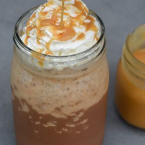 Enjoy this indulgent Salted Caramel Mocha Frappuccino for about 3 net carbs! This sugar free iced coffee is the perfect sweet treat!