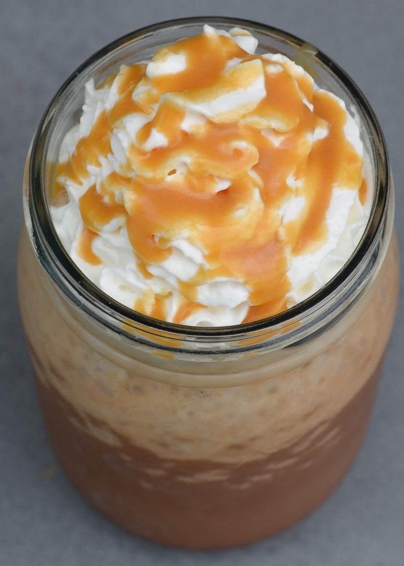 Enjoy this indulgent Salted Caramel Mocha Frappuccino for about 3 net carbs! This sugar free iced coffee is the perfect sweet treat!