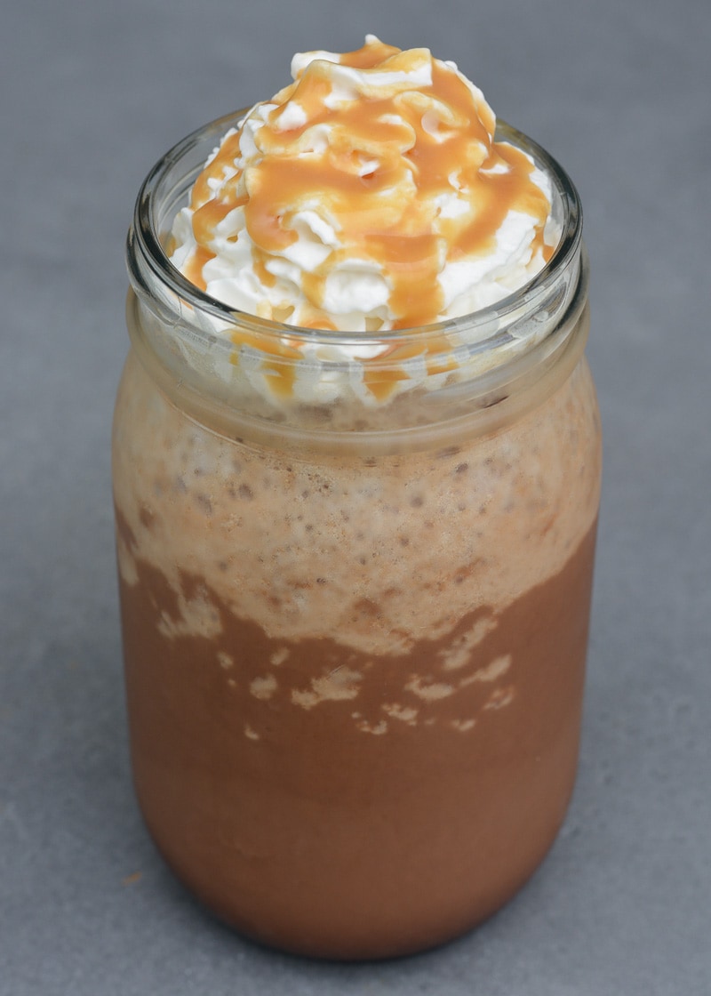 Enjoy this indulgent Salted Caramel Mocha Frappuccino for about 3 net carbs! This sugar free iced coffee is the perfect sweet treat!