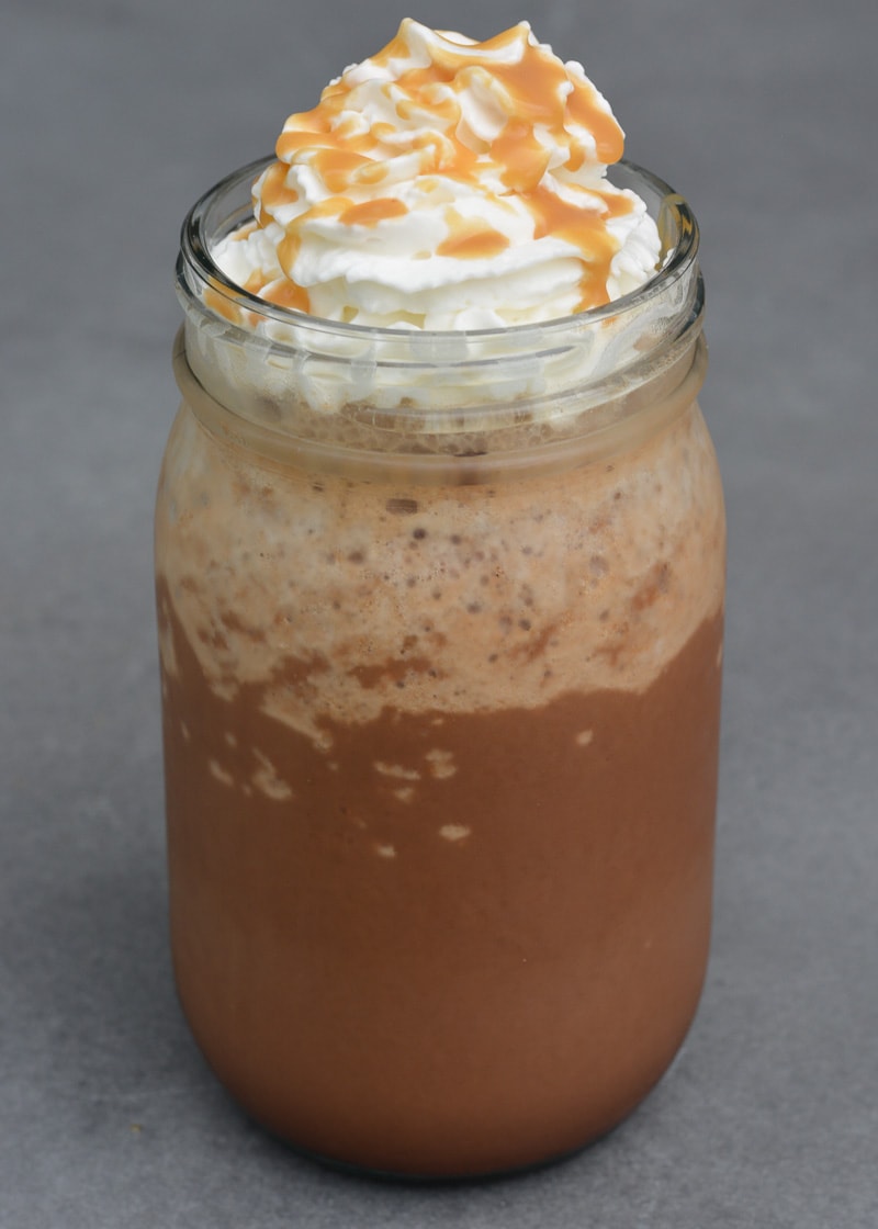 Enjoy this indulgent Salted Caramel Mocha Frappuccino for about 3 net carbs! This sugar free iced coffee is the perfect sweet treat!