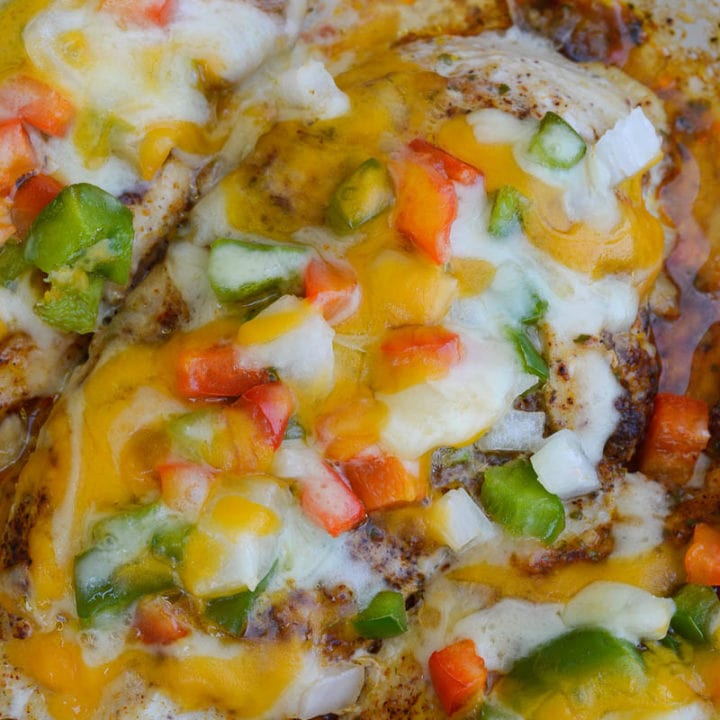 Seasoned chicken is smothered with peppers, onions and cheese in this easy Chicken Fajita Casserole! This keto meal is ready in 30 minutes and is under 4 net carbs!