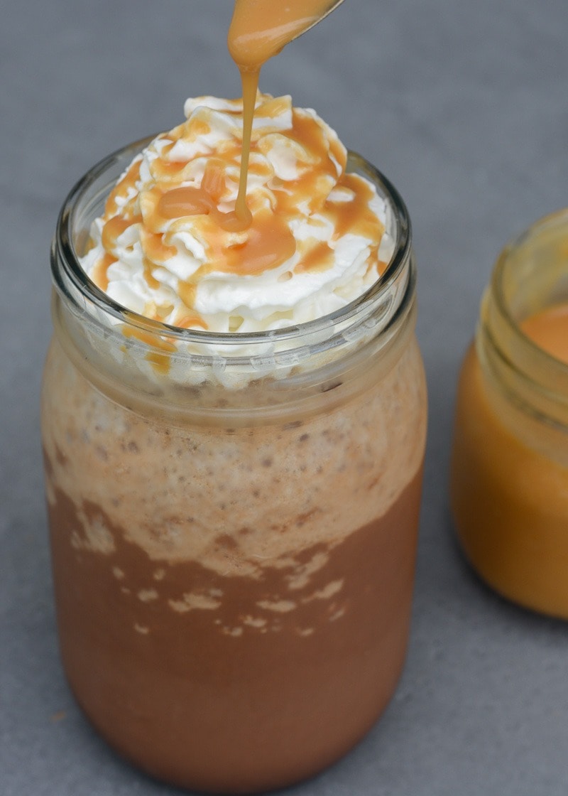 Enjoy this indulgent Salted Caramel Mocha Frappuccino for about 3 net carbs! This sugar free iced coffee is the perfect sweet treat!