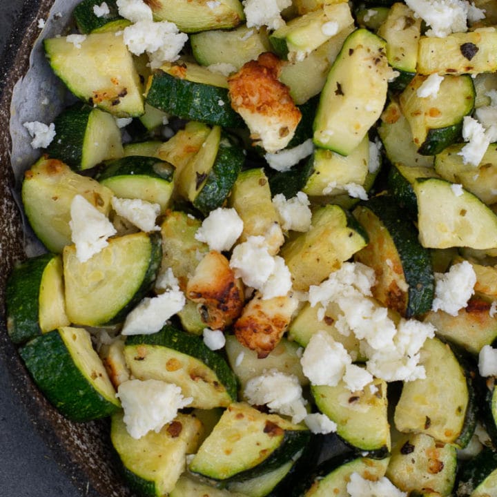 Air Fryer Zucchini with Feta is an easy, flavorful side dish that requires just a few basic ingredients! This keto side dish is ready in under 10 minutes and has less than 4 net carbs!