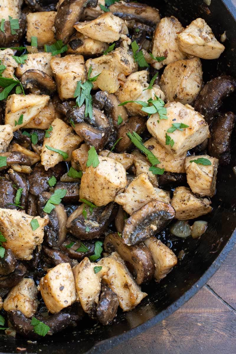 Garlic Butter Chicken and Mushrooms is a satisfying dinner that is loaded with flavor! Each serving of this keto chicken recipe has about 4 net carbs.