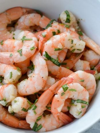 This easy Marinated Shrimp is the perfect no-cook recipe for sprucing up some plain cocktail shrimp! It's a great party appetizer, salad topper, or wrap filling for under 1 carb per serving.