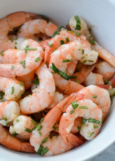 This easy Marinated Shrimp is the perfect no-cook recipe for sprucing up some plain cocktail shrimp! It's a great party appetizer, salad topper, or wrap filling for under 1 carb per serving.