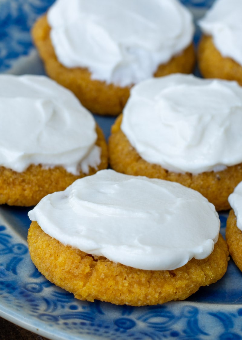 These Pumpkin Sugar Cookies with Cream Cheese Frosting are super indulgent while being low carb, grain and sugar free! Enjoy a a soft, chewy iced pumpkin cookie for only 2 net carbs!