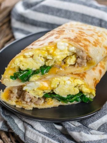 This Sausage Burrito is packed with sausage, eggs, cheese and spinach! This meal is super satisfying and is perfect for meal prep!