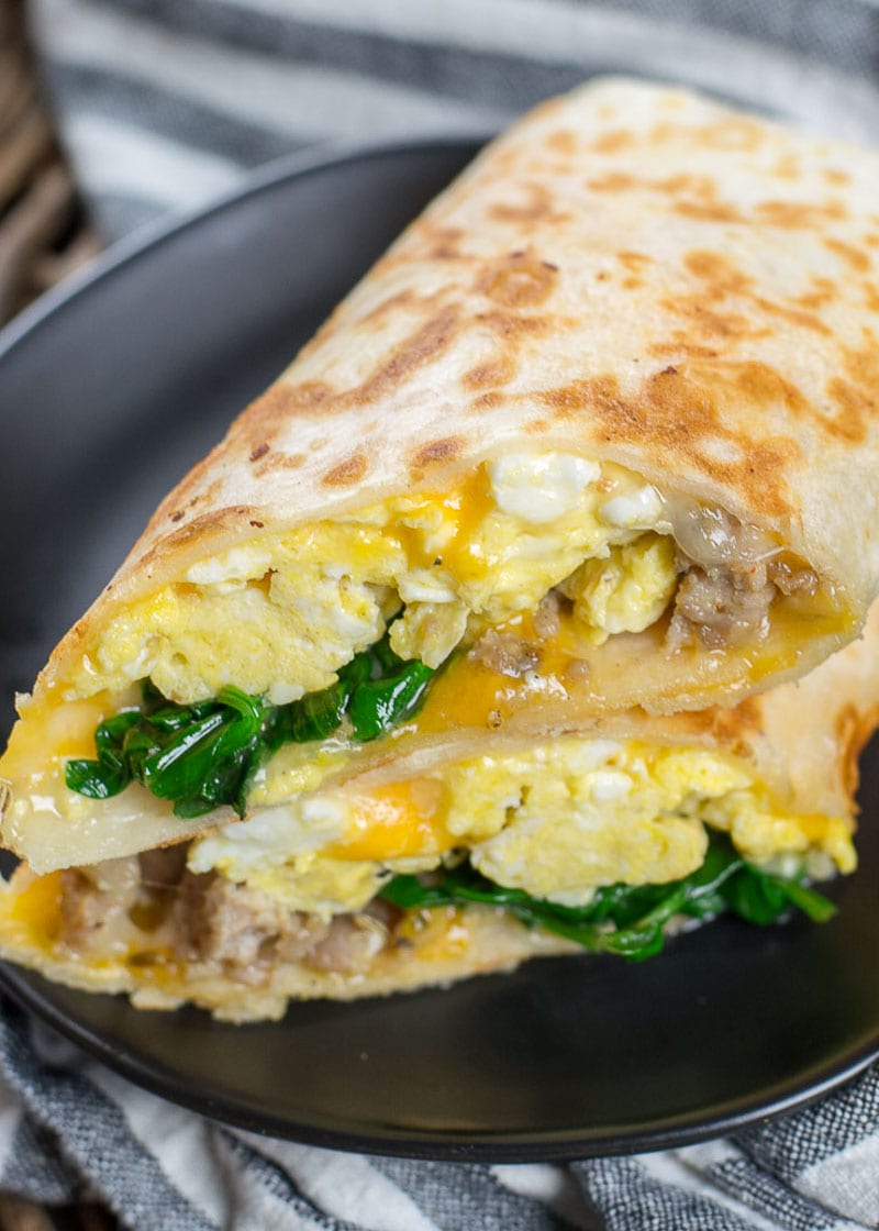 This Sausage Burrito is packed with sausage, eggs, cheese and spinach! This meal is super satisfying and is perfect for meal prep!