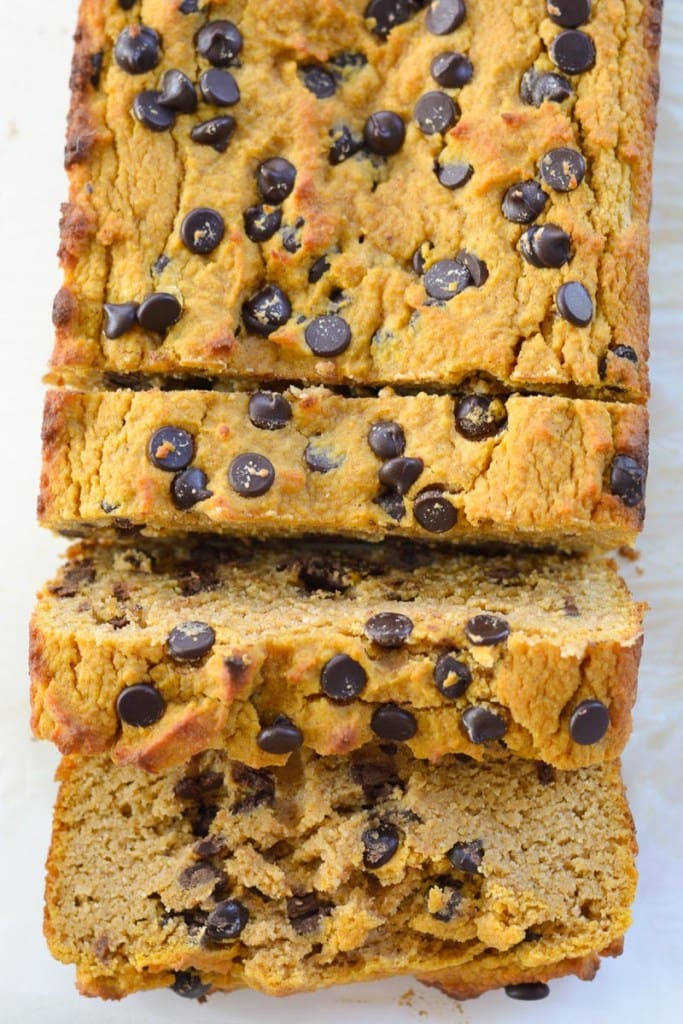 This moist, flavorful Low Carb Chocolate Chip Pumpkin Bread has about 3 net carbs per slice! This is the perfect sweet snack or breakfast with a warm cup of coffee!