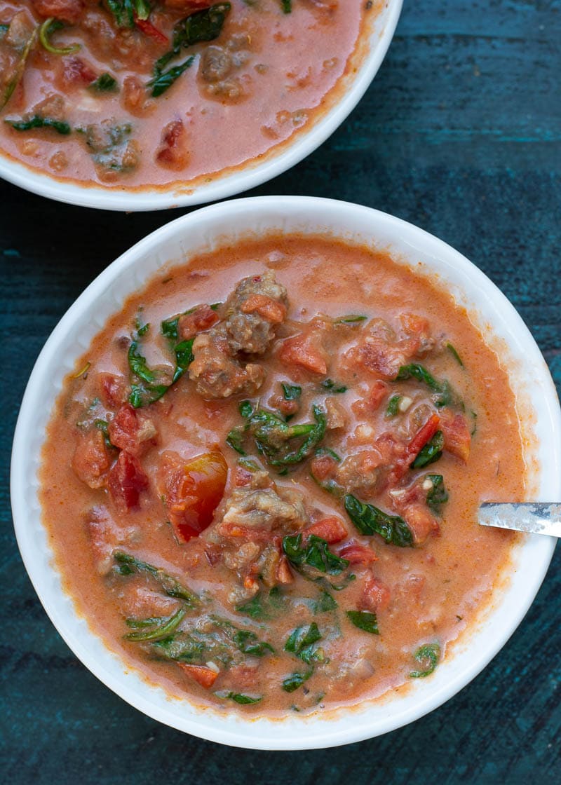 This Creamy Tomato Soup with Sausage and Spinach is the ultimate low carb comfort food! This is a one pot meal that is ready in under 30 minutes!