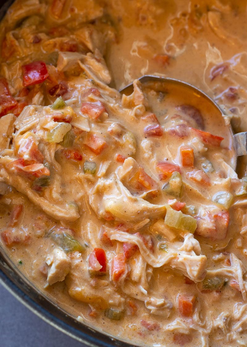 This Creamy Cajun Chicken Soup is loaded with tender chicken, peppers, onions, celery and cajun spices! You can enjoy a large serving of this cheesy keto soup recipe for only 8 net carbs!