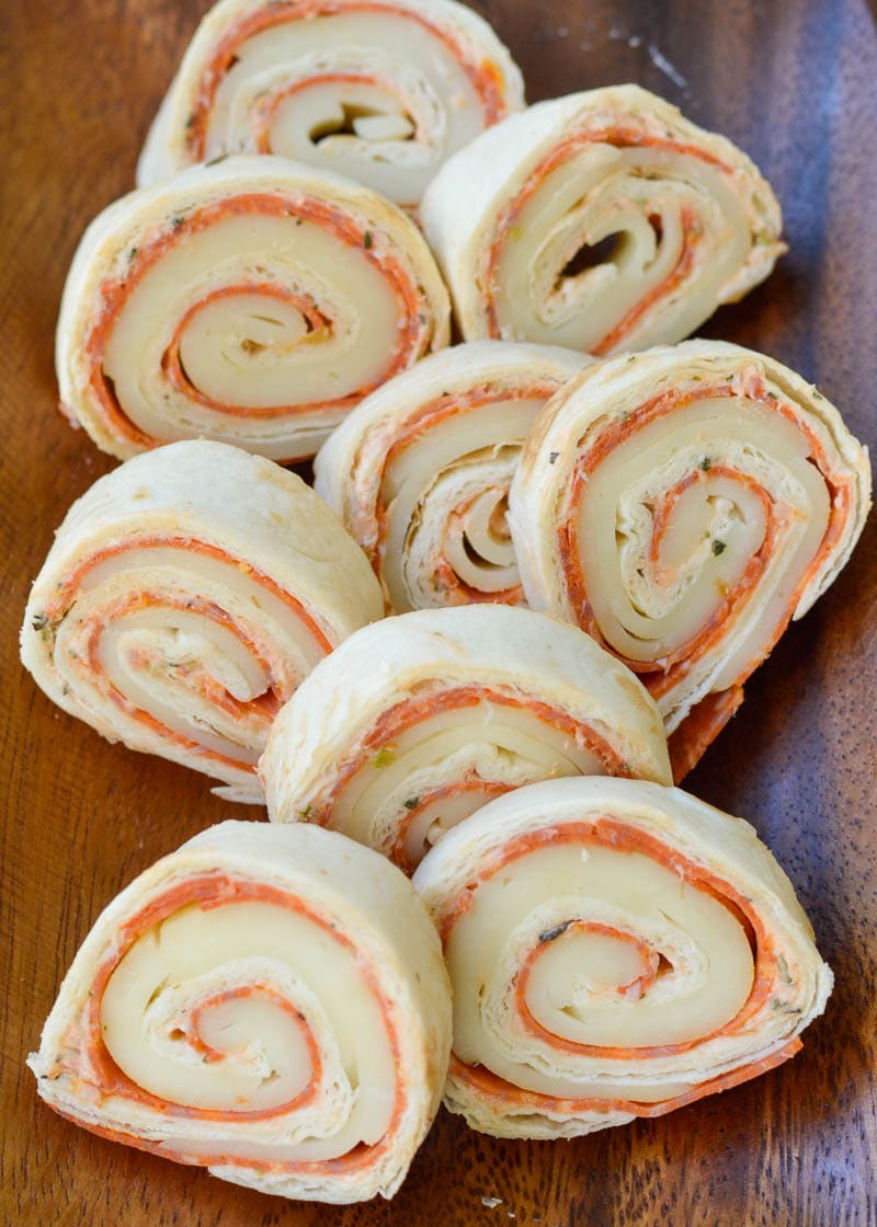 pizza pinwheels on wooden table