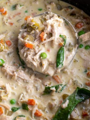 cropped image showing a ladle scooping out a big portion of creamy chicken soup