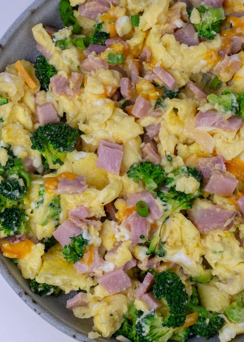 This Ham, Broccoli and Cheese Scramble is a hearty breakfast that will keep you full all day! These fluffy scrambled eggs are the perfect low carb, keto-friendly breakfast!