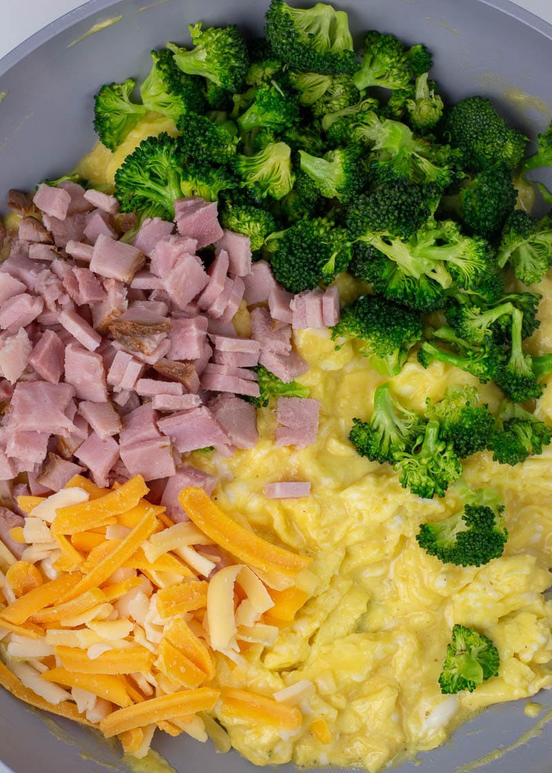 This Ham, Broccoli and Cheese Scramble is a hearty breakfast that will keep you full all day! These fluffy scrambled eggs are the perfect low carb, keto-friendly breakfast!