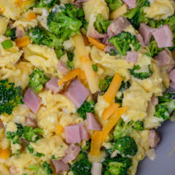 This Ham, Broccoli and Cheese Scramble is a hearty breakfast that will keep you full all day! These fluffy scrambled eggs are the perfect low carb, keto-friendly breakfast!