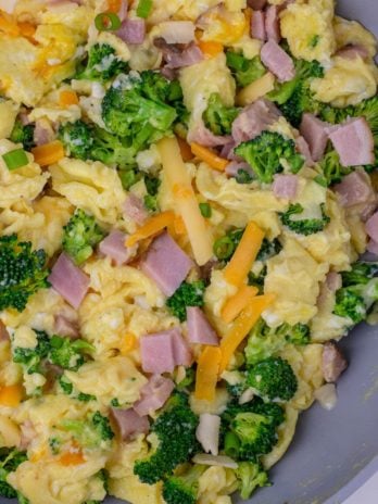 This Ham, Broccoli and Cheese Scramble is a hearty breakfast that will keep you full all day! These fluffy scrambled eggs are the perfect low carb, keto-friendly breakfast!