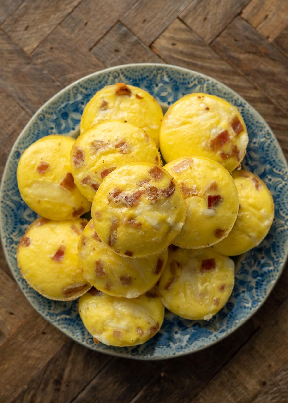 Overhead view of a tray of egg bites