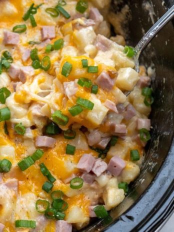 Cheesy Hashbrown Casserole is the perfect comfort food! Frozen hashbrowns are paired with sour cream, cheddar cheese, and ham to make the ultimate side dish! This simple potato recipe requires no prep work and can be made in the crock pot or oven!