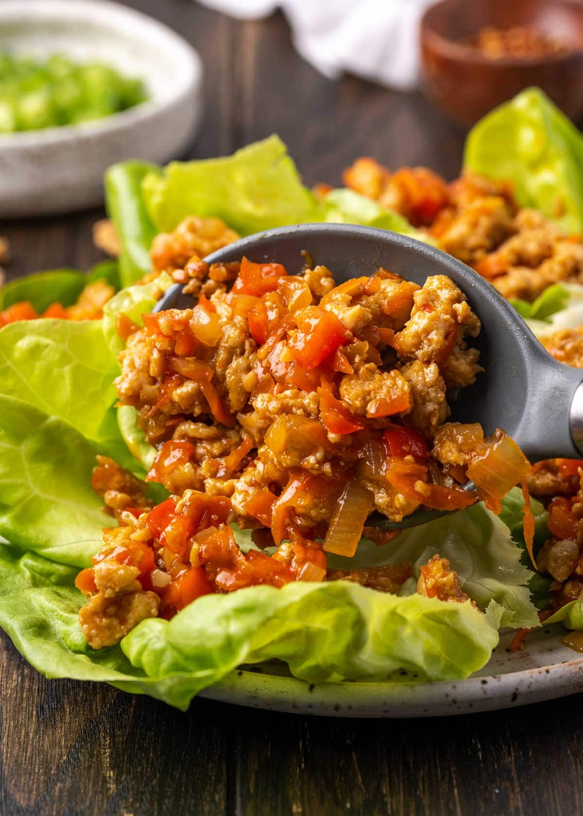 ground chicken and vegetables in lettuce cups