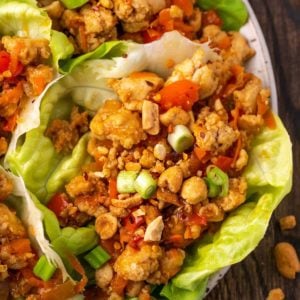 overhead shot of asian chicken lettuce wraps