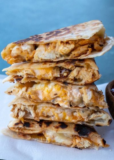 stacked chicken and cheese quesadilla