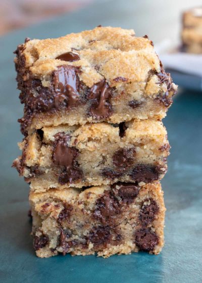 chocolate chip cookie bars on a gray table
