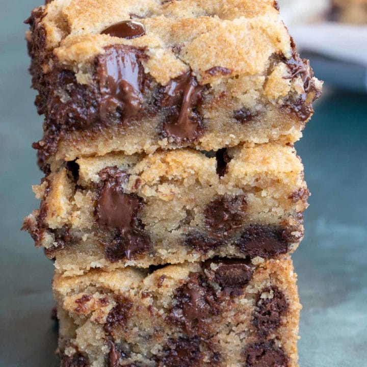 chocolate chip cookie bars on a gray table