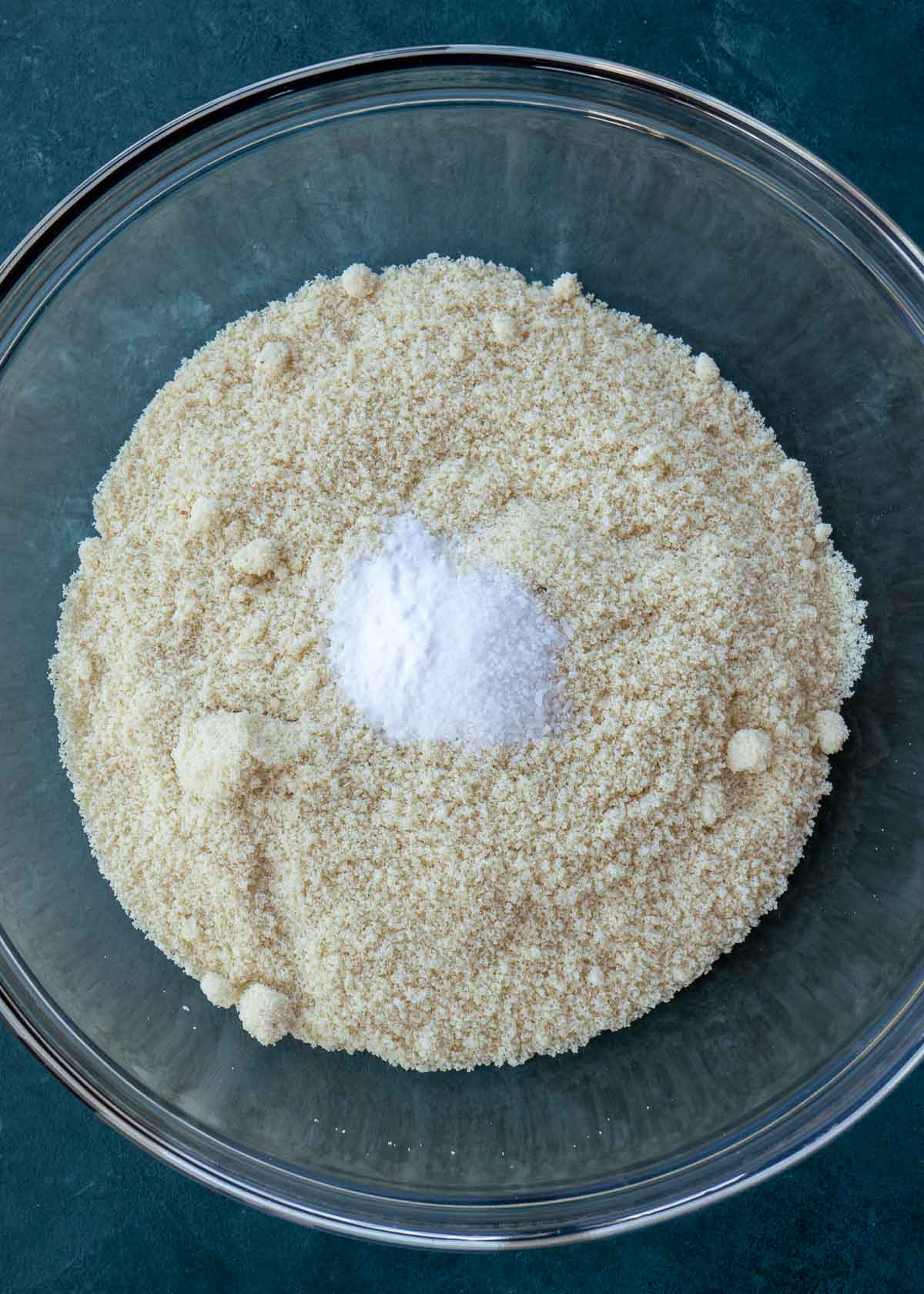 Salt, baking soda, and almond flour in a mixing bowl