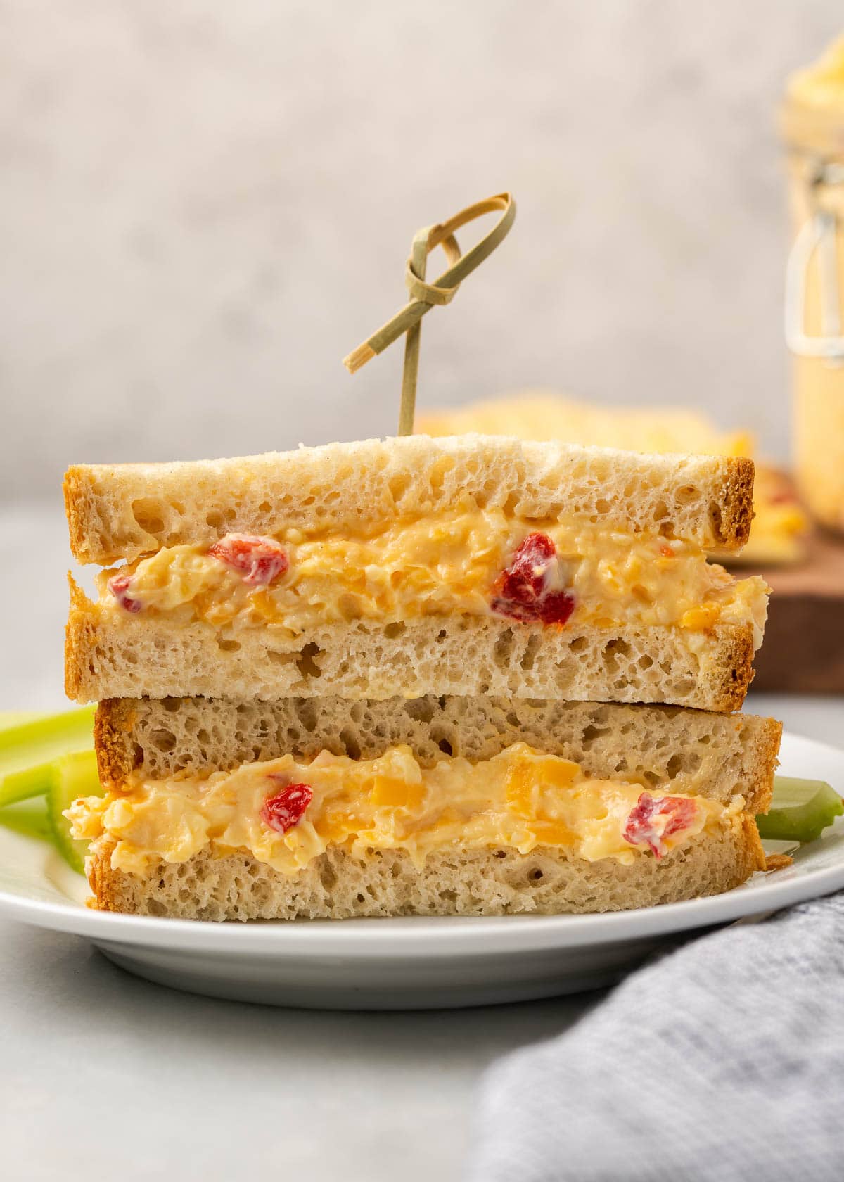 Pimento cheese sandwich on a white plate