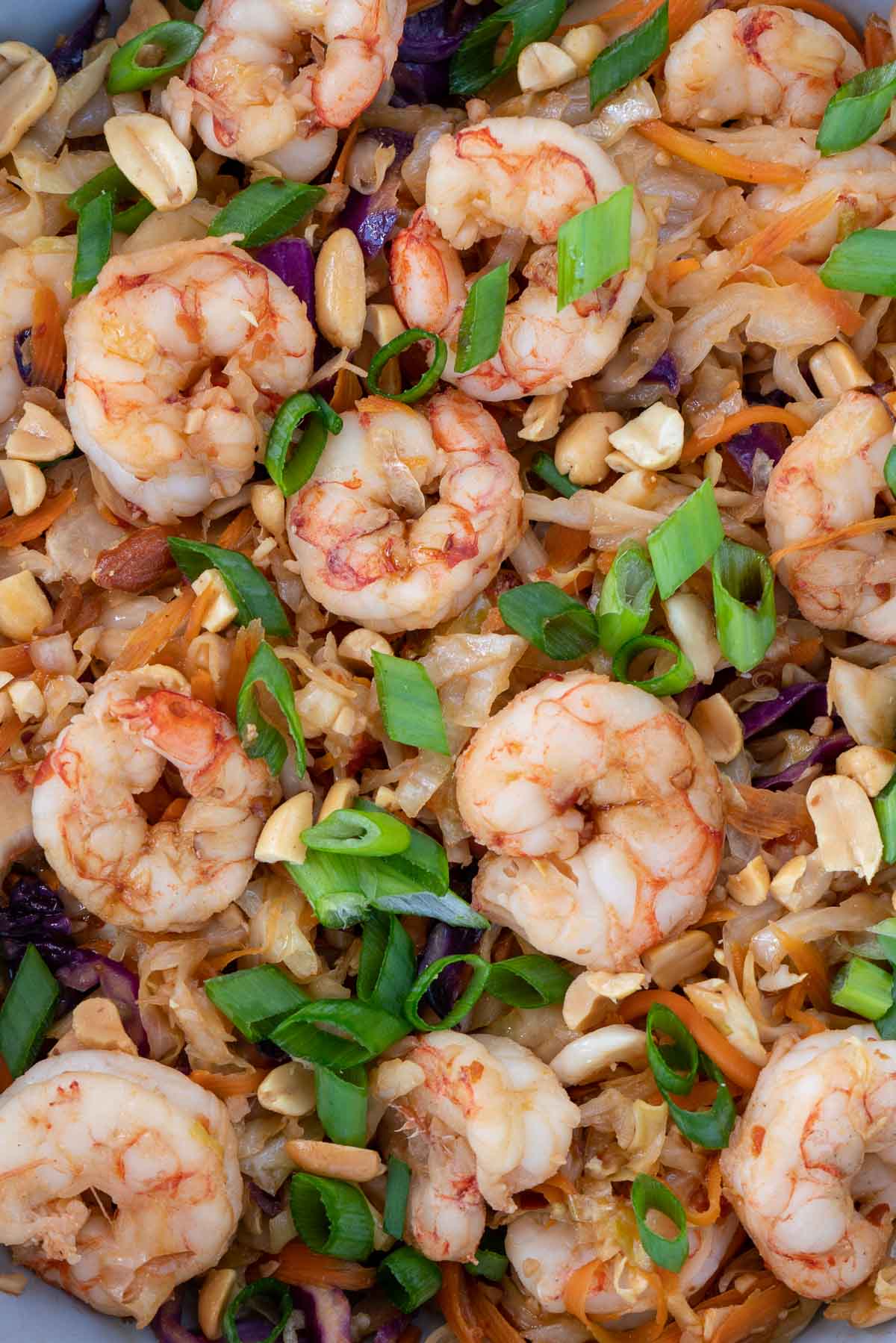 Overhead view of shrimp stir fry topped with scallions