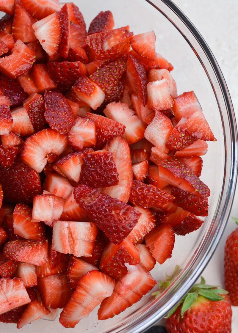 chopped strawberries in bowl
