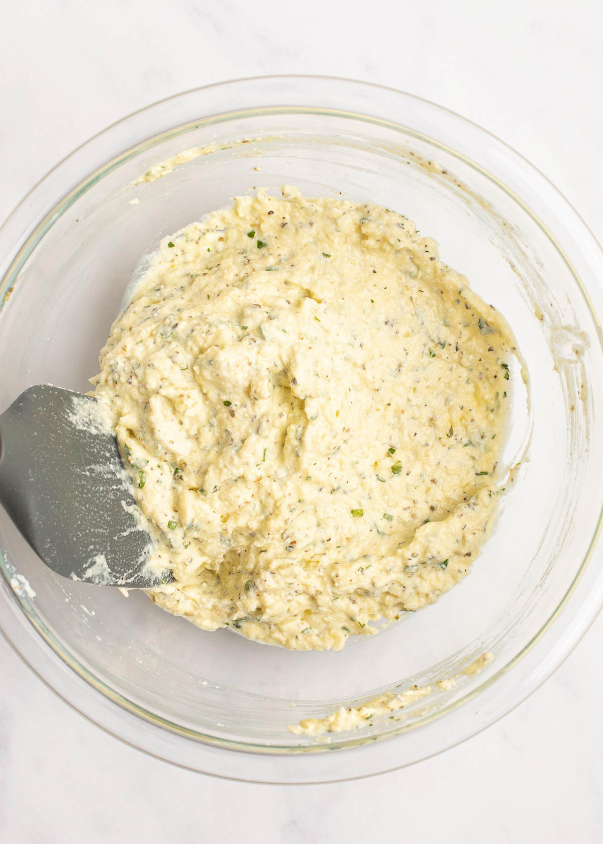 cheese, herb, and egg mixture should be stirred until creamy and well combined