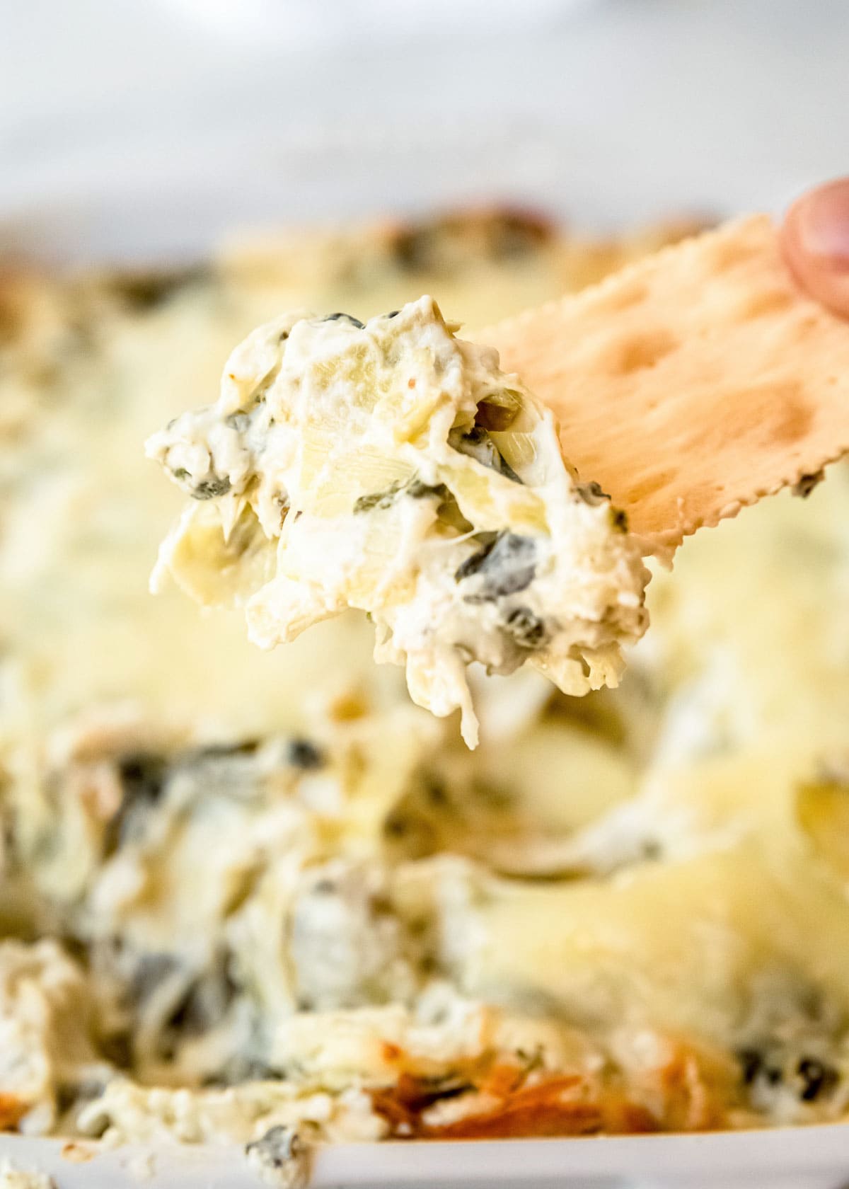 a hand holding a cracker with easy baked spinach artichoke dip