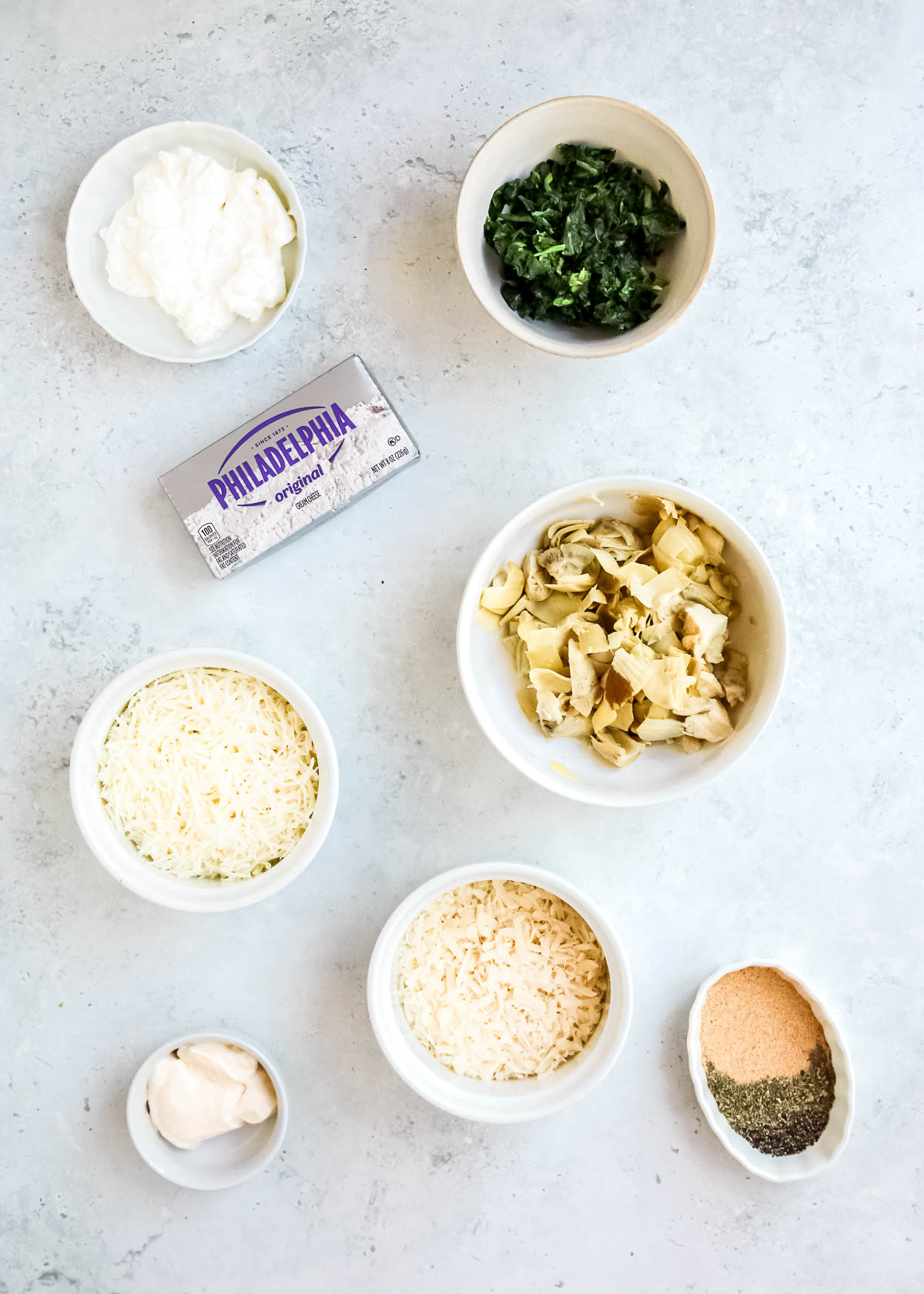 ingredients for spinach artichoke dip