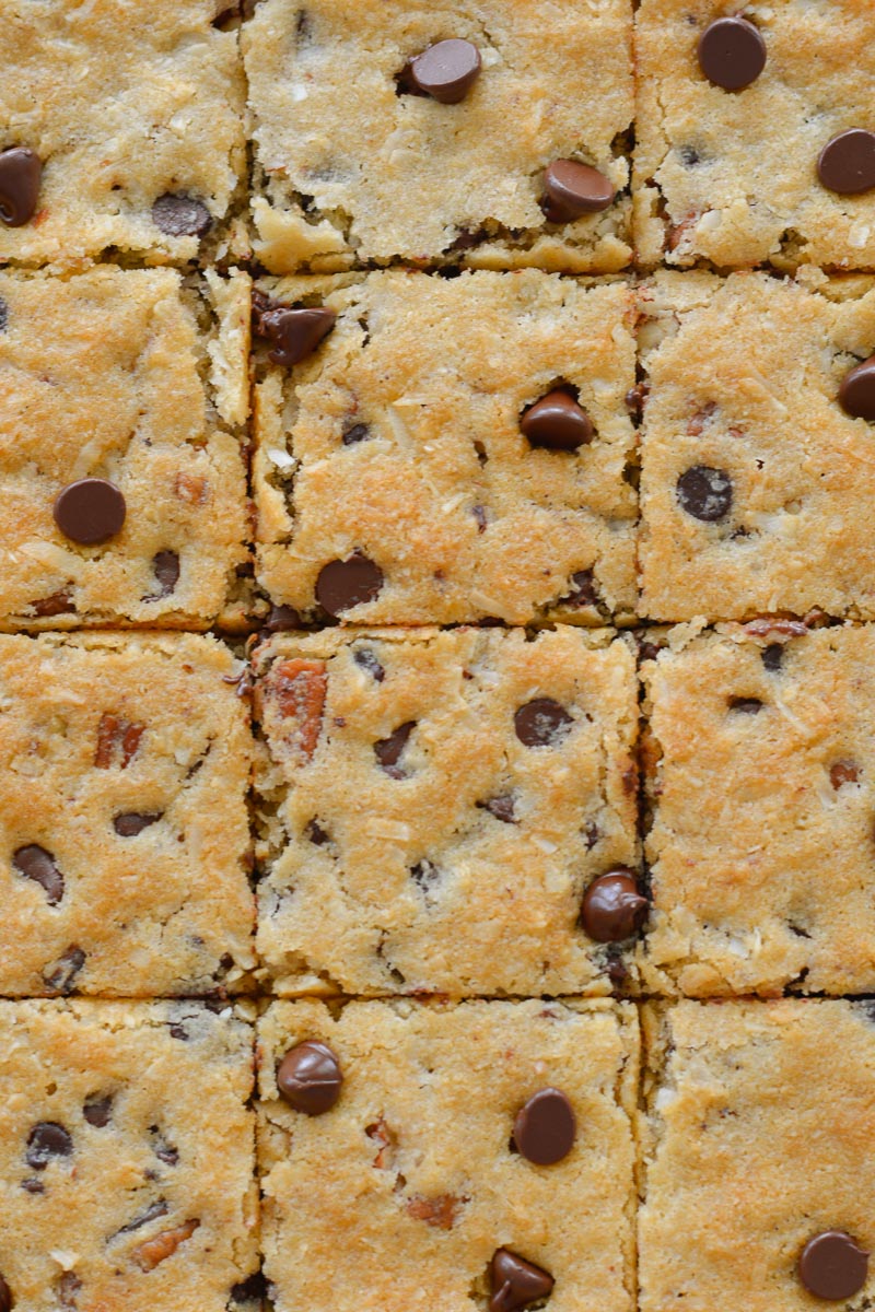 These Sheet Pan Keto Cookies have just 1.5 net carbs each and require no chilling! These low carb, gluten-free, almond flour chocolate chip cookie bars are the perfect keto treat!