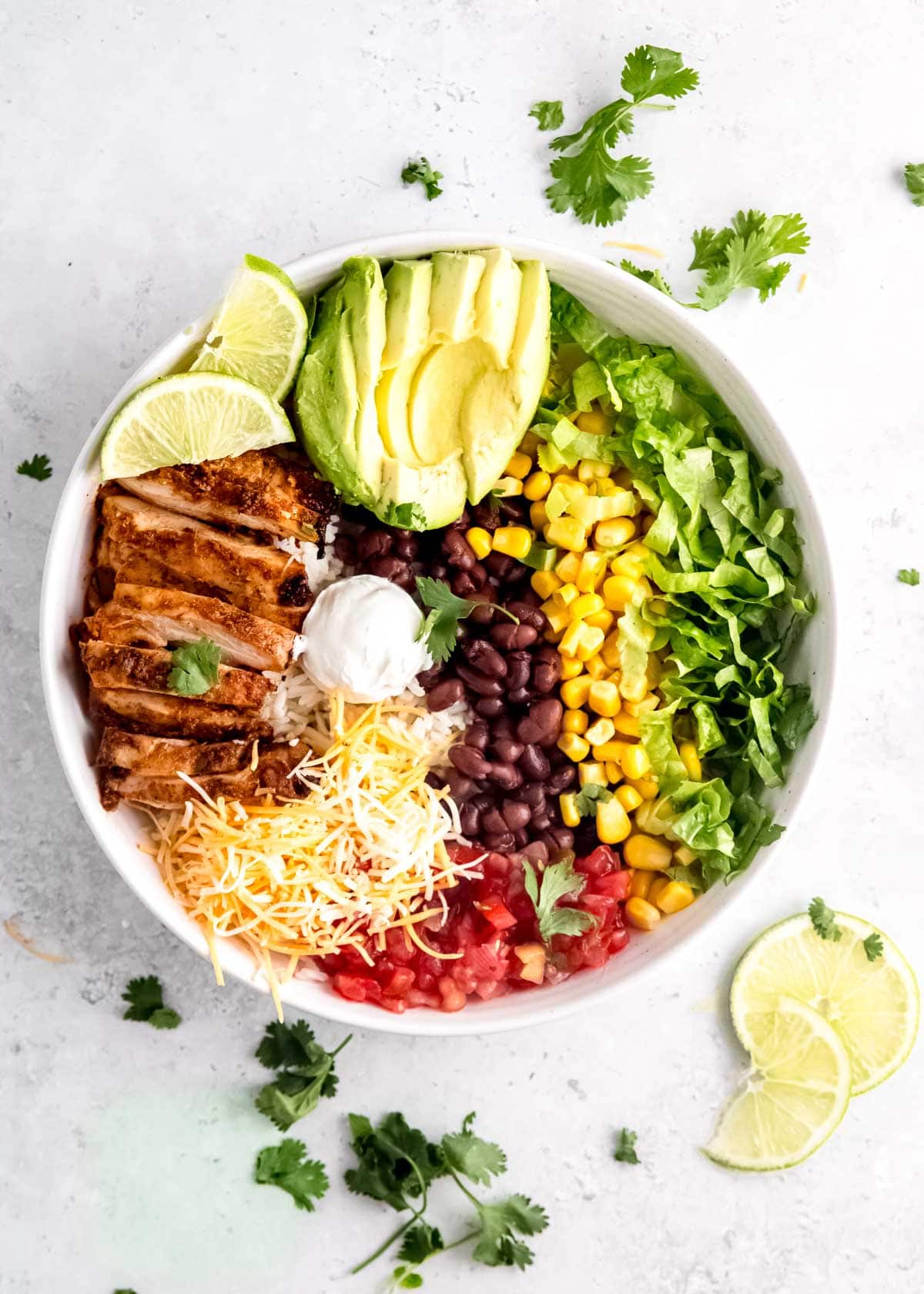 chicken burrito bowl ingredients on a white plate