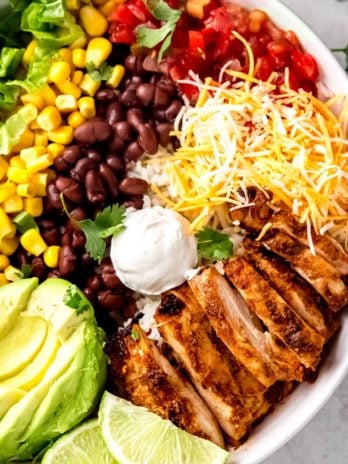 chicken burrito bowl ingredients on a white plate