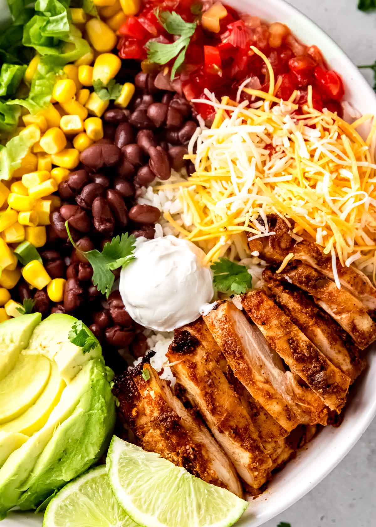 chicken burrito bowl ingredients on a white plate