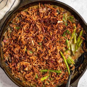 an overhead shot of gluten free green bean casserole