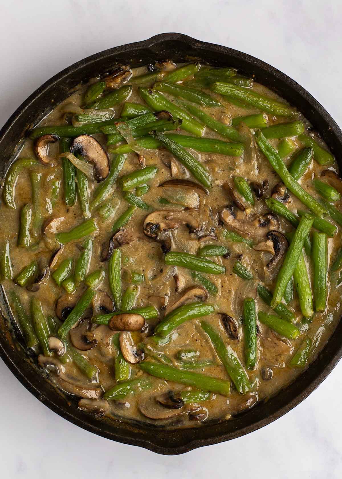 green bean casserole in skillet